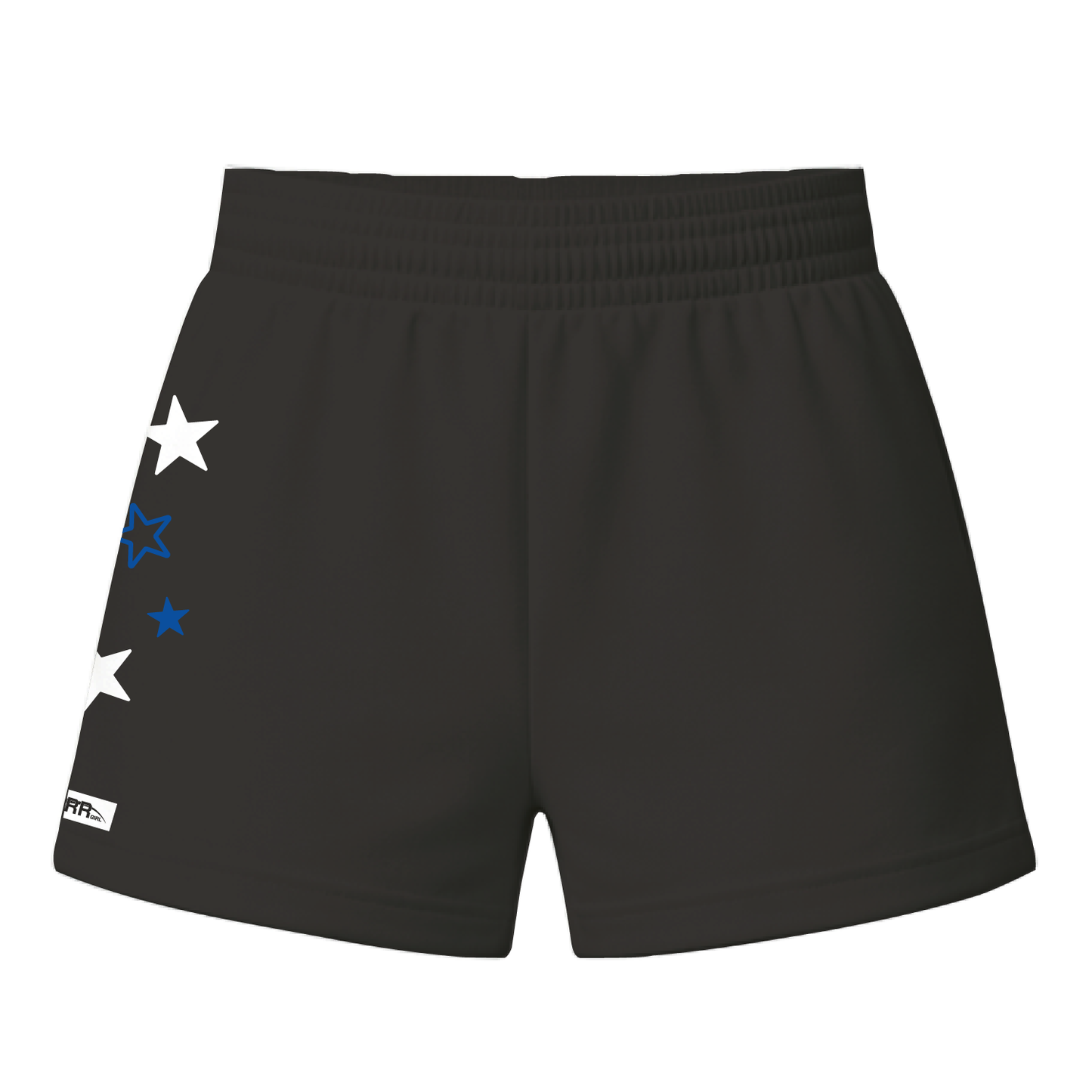 Back view of Starr Girls Pretty Girl Club Shorts in black and royal blue, featuring stylish design and comfortable fit.