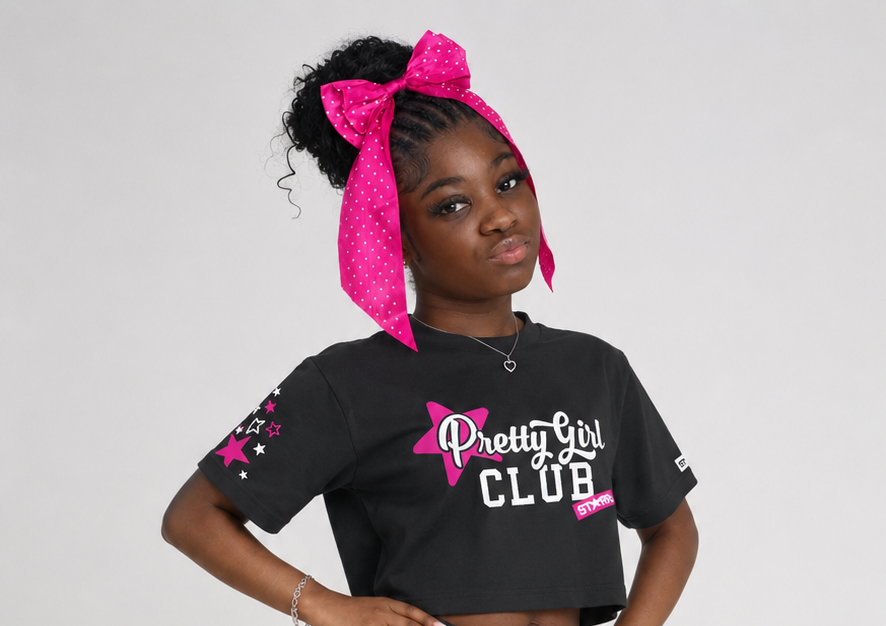Starr Girls Pretty Girl Club pink bow accessory for girls, featuring a large decorative bow with a cute, feminine design.