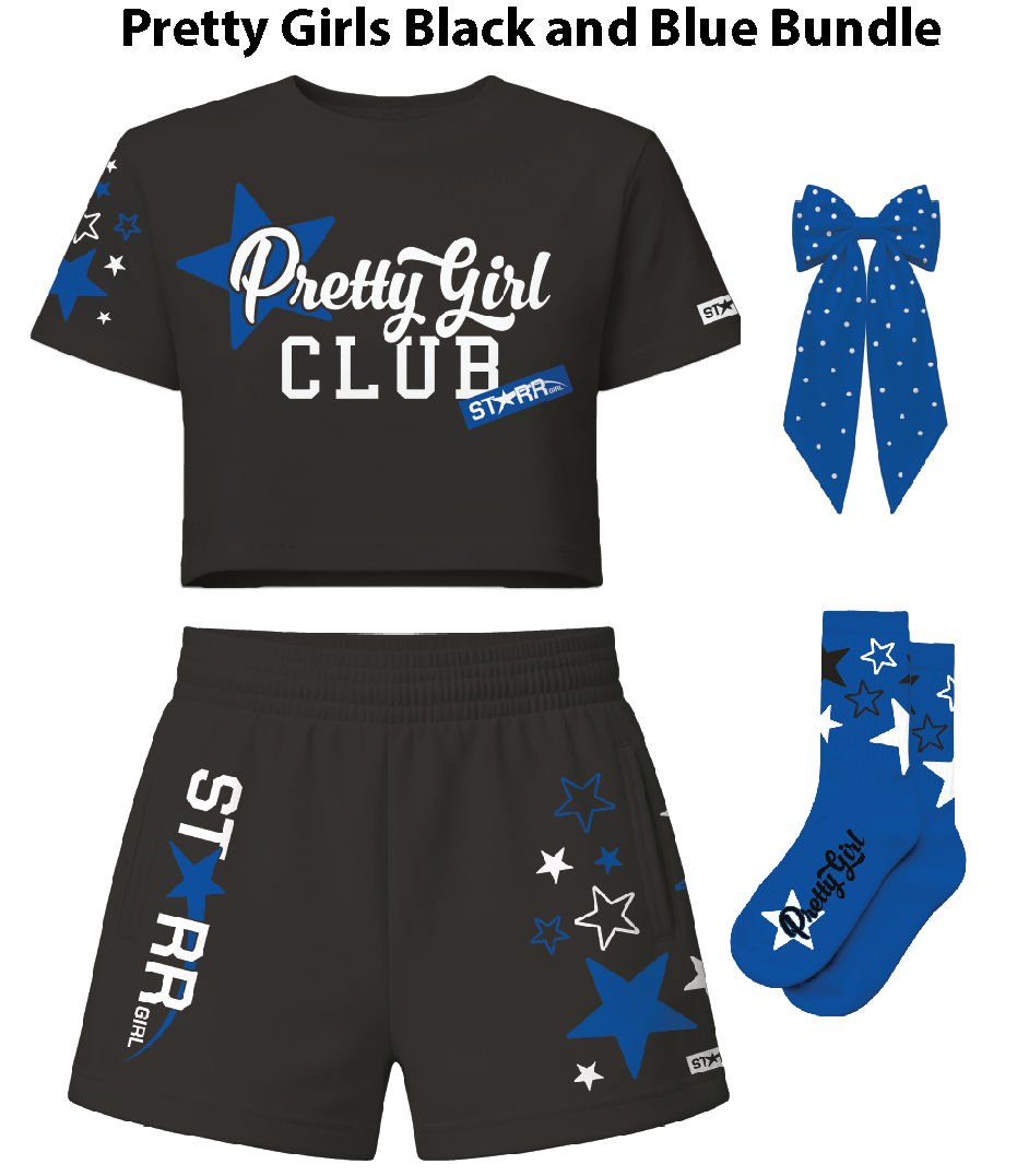 Black and blue bundle of pretty girls' clothing by Starr Girls, featuring stylish black and blue garments displayed together.