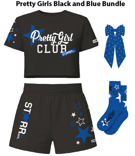 Black and blue bundle of pretty girls' clothing by Starr Girls, featuring stylish black and blue garments displayed together.