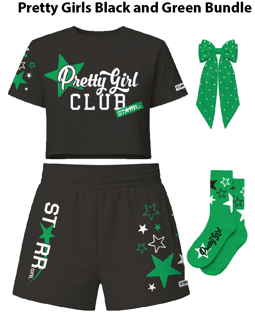 Black and green bundle of pretty girl clothing from Starr Girls, featuring colorful, stylish outfits for young girls.