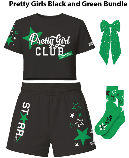 Black and green bundle of pretty girl clothing from Starr Girls, featuring colorful, stylish outfits for young girls.