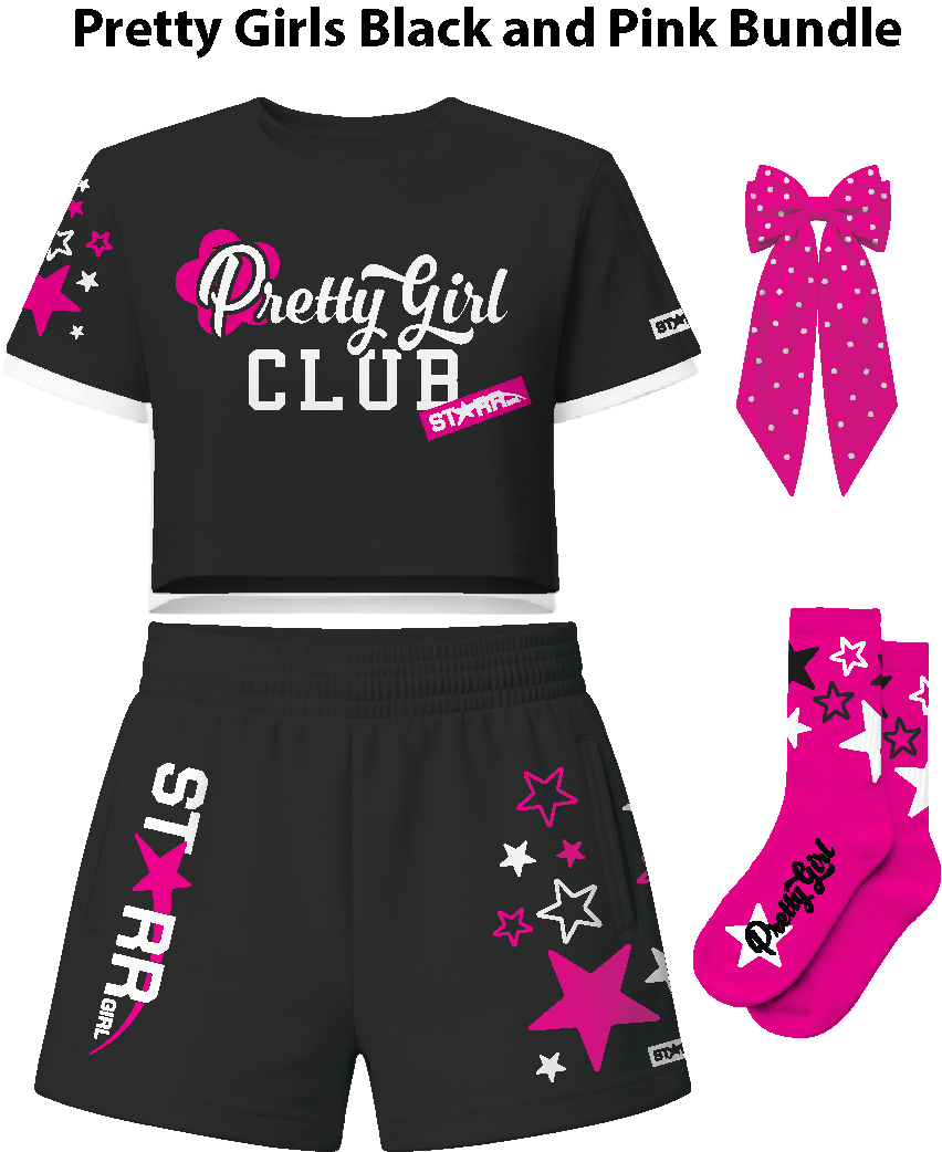 Cute girl wearing the Starr Girls black and pink bundle, featuring stylish clothing and accessories in black and pink.