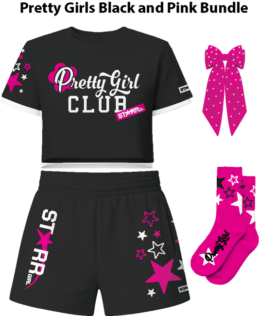 Cute girl wearing the Starr Girls black and pink bundle, featuring stylish clothing and accessories in black and pink.