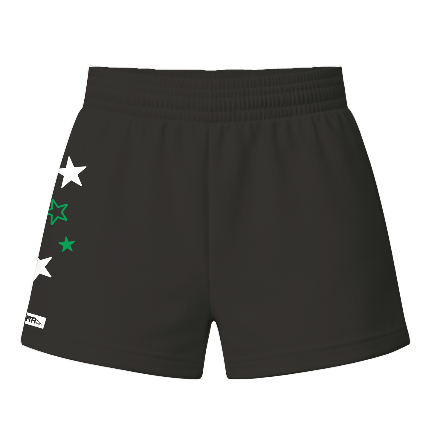 Black and green Starr Girl Pretty Girl Club shorts with elastic waistband, shown from the back.