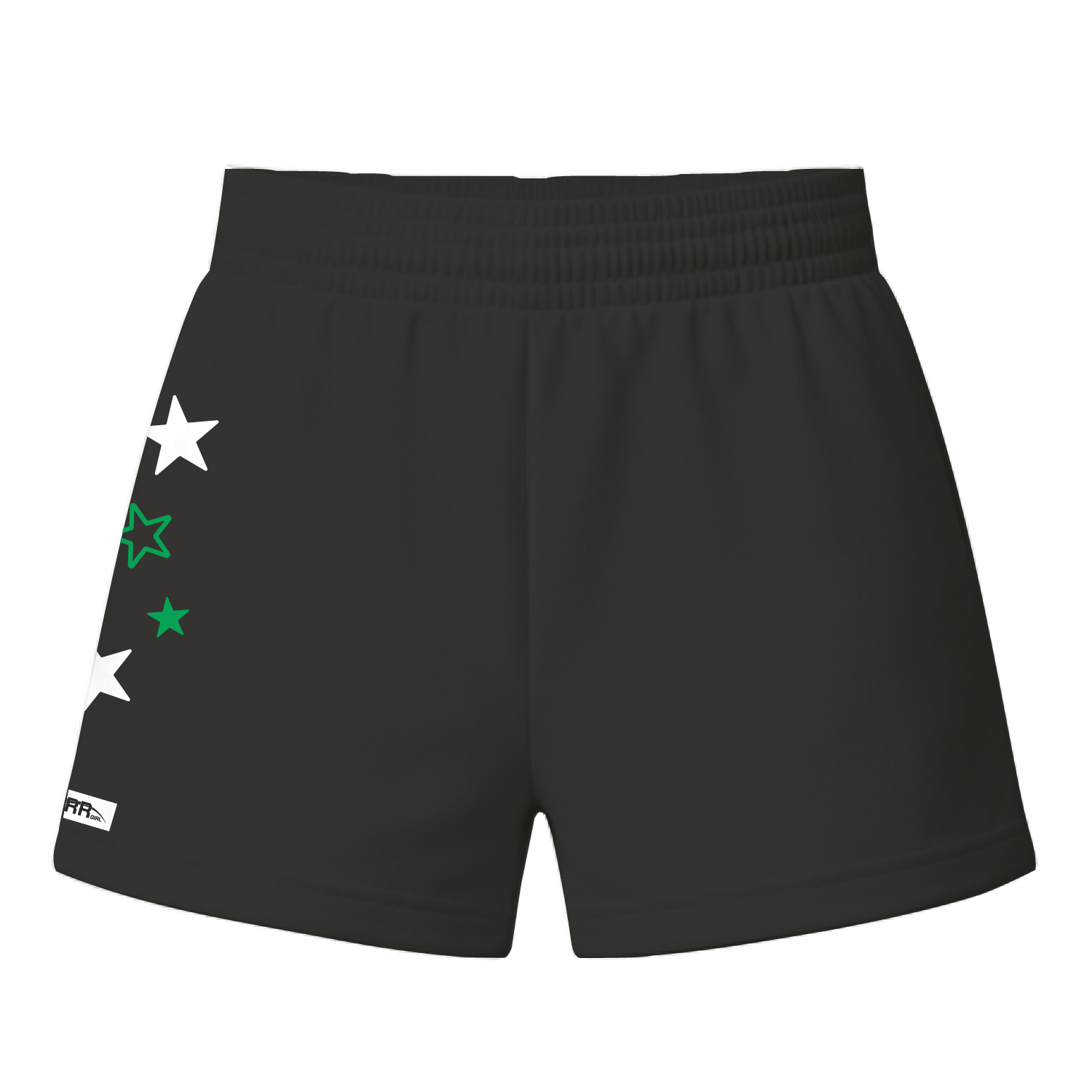 Black and green Starr Girl Pretty Girl Club shorts with elastic waistband, shown from the back.