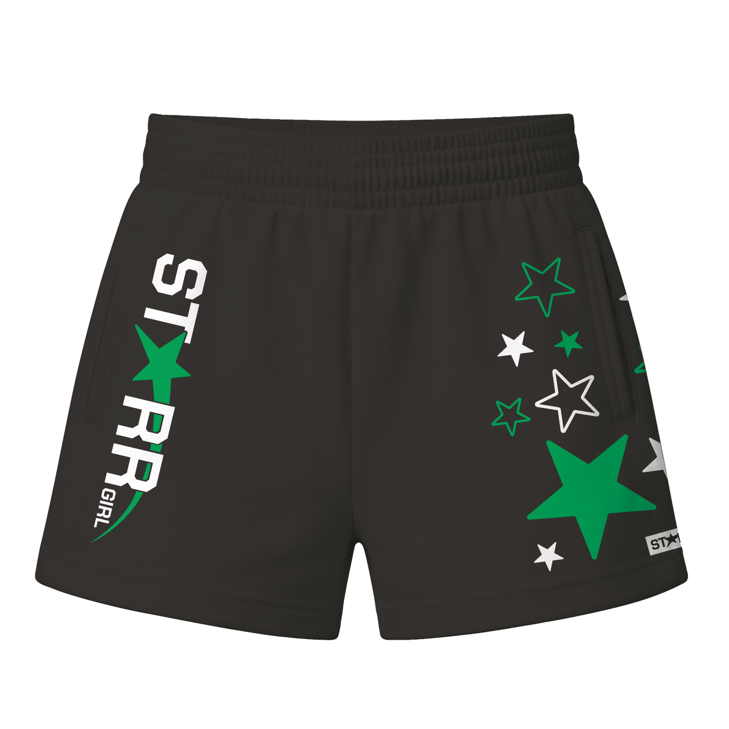 Starr Girls Pretty Girl Club shorts in black and green, front view showing casual style and comfortable fit.