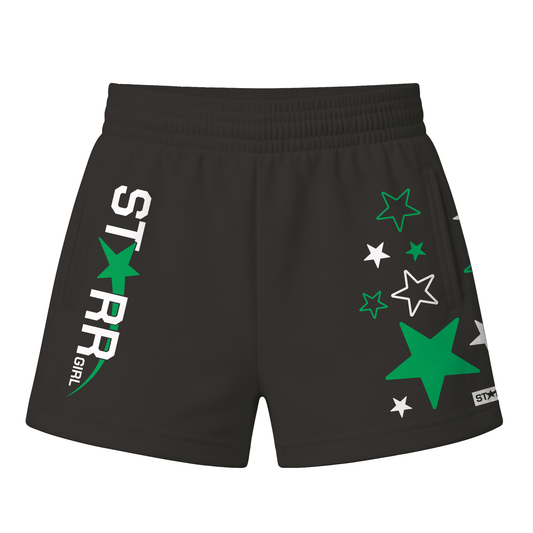 Starr Girls Pretty Girl Club shorts in black and green, front view showing casual style and comfortable fit.