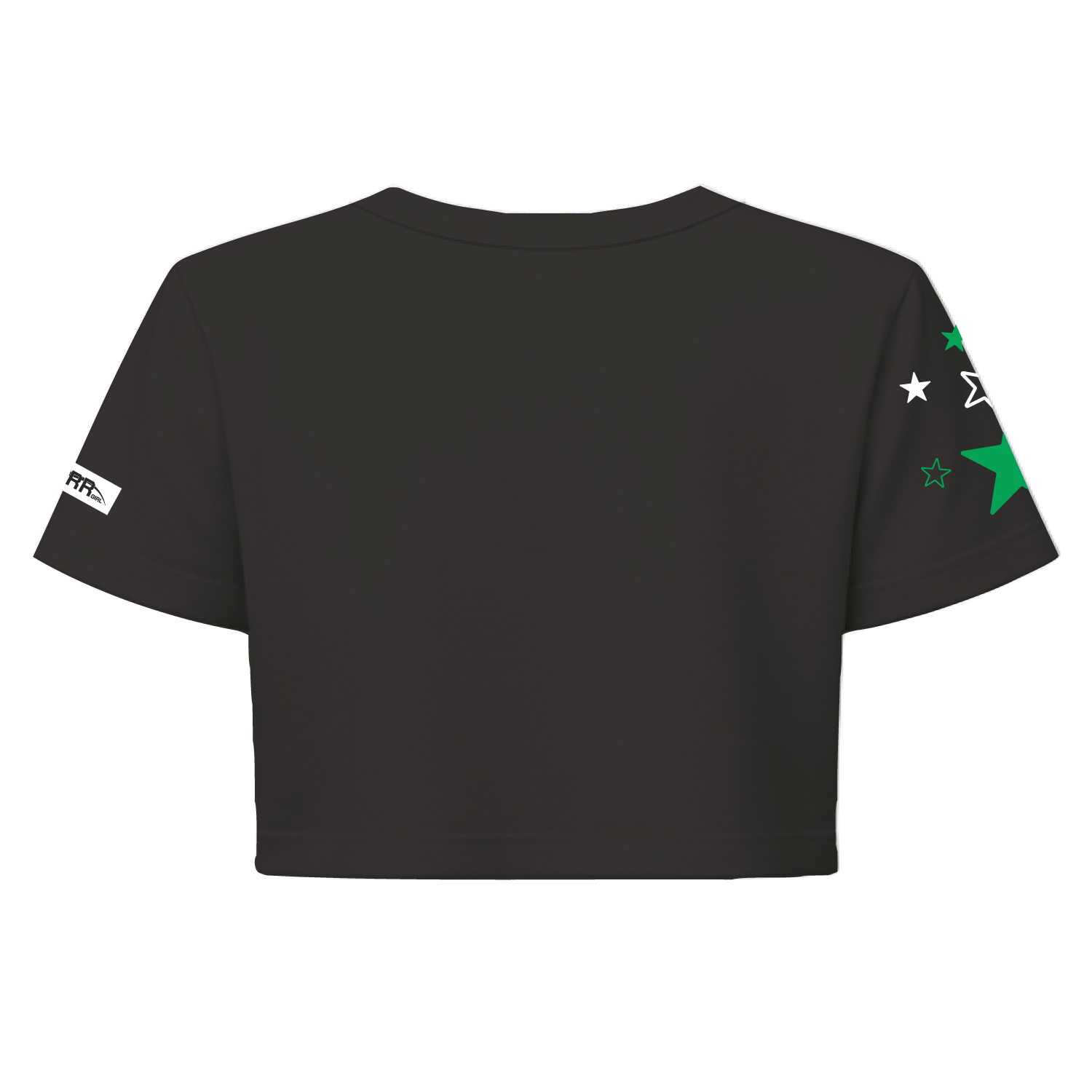 Black and green short sleeve crop top for girls, from Starr Girls' Pretty Girl Club collection, shown from the back.