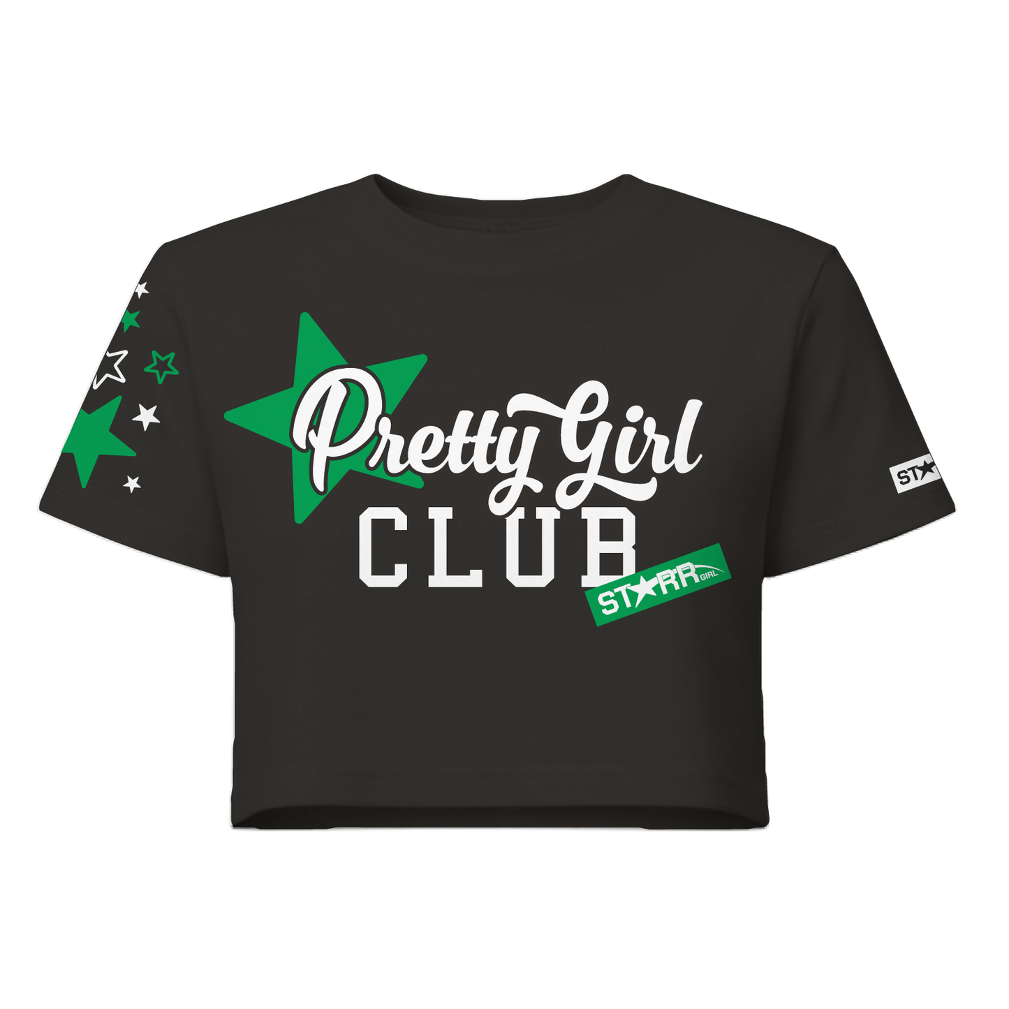 Starr Girls Pretty Girl Club short sleeve crop top in black and green, shown from the front with stylish design.
