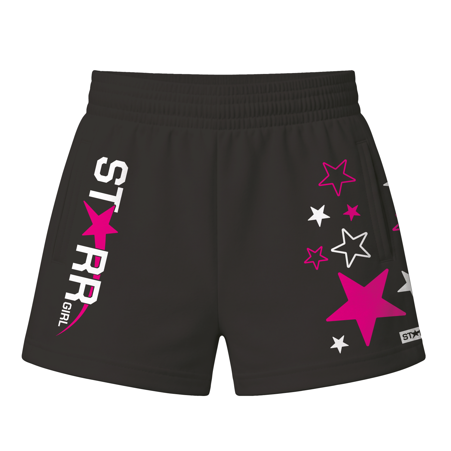 Starr Girls Pretty Girl Club shorts in black and pink, shown from the front, featuring a stylish casual design for girls.