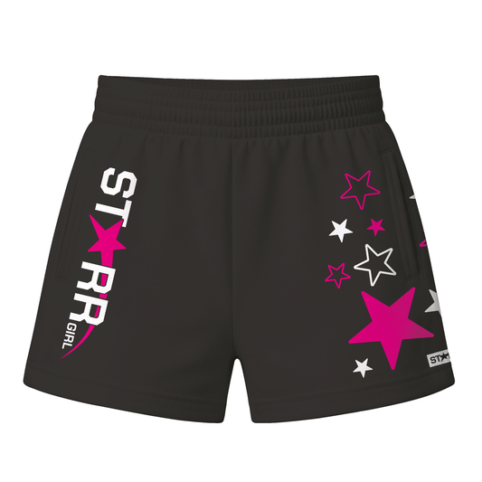 Starr Girls Pretty Girl Club shorts in black and pink, shown from the front, featuring a stylish casual design for girls.