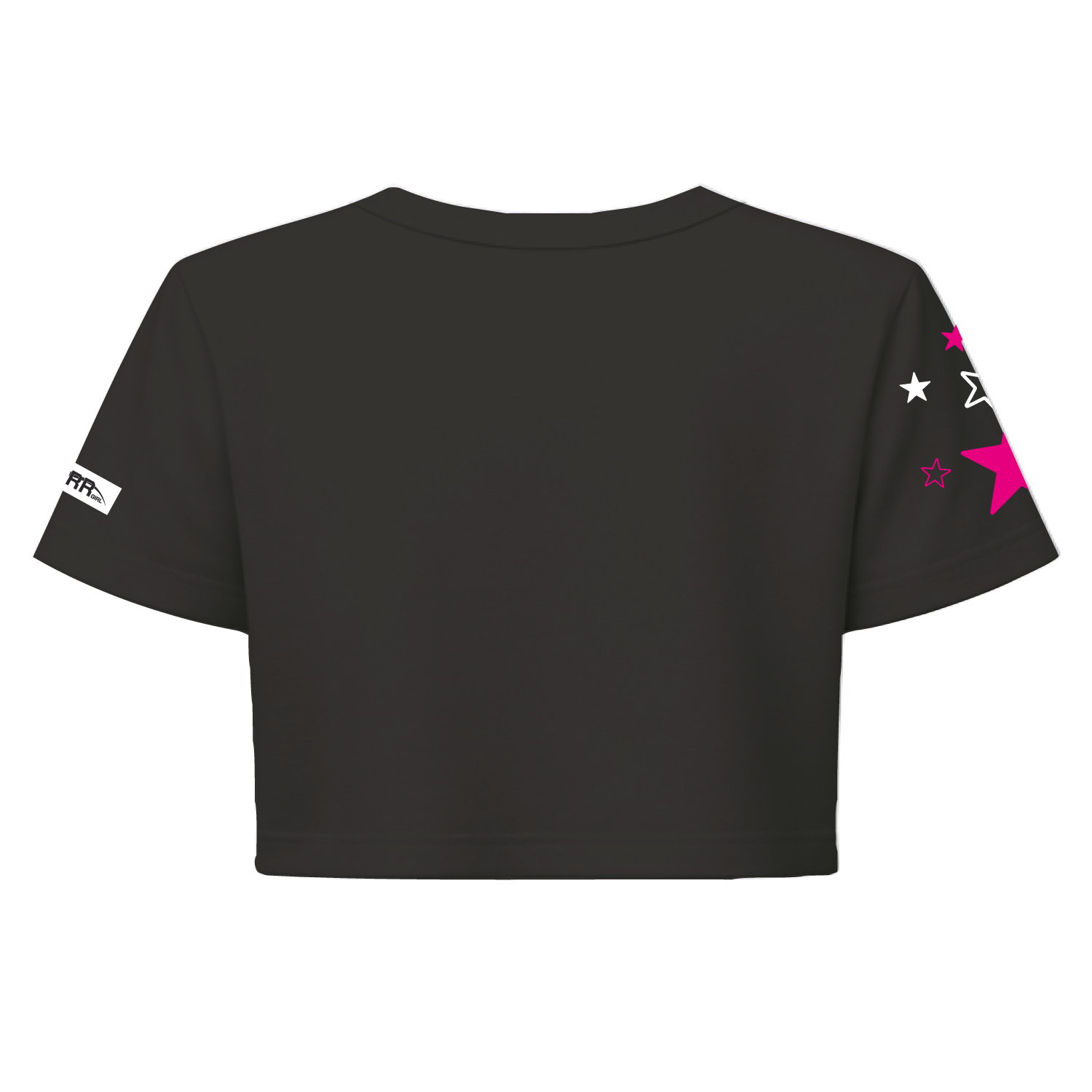 Black and pink Starr Girls Pretty Girl Club crop top with short sleeves, shown from the back on a girl.