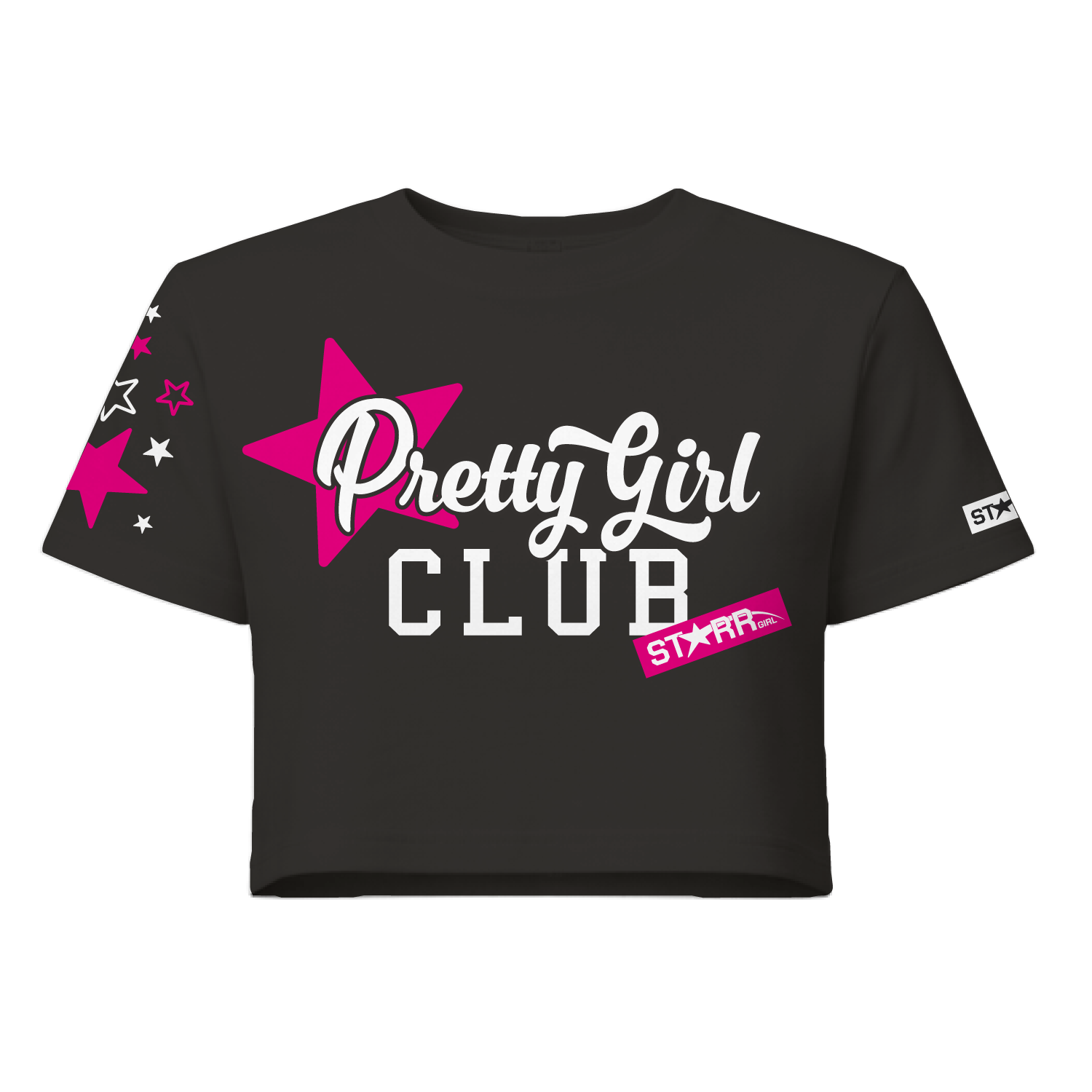 Starr Girls Pretty Girl Club short sleeve crop top in black and pink, front view showing stylish design and vibrant colors.