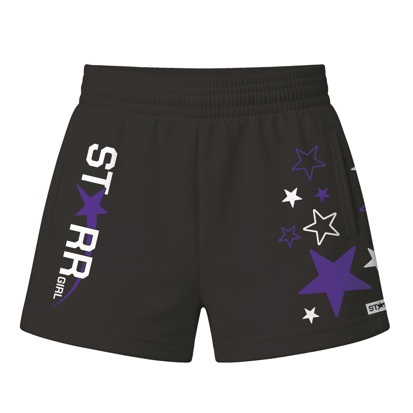 Starr Girls Pretty Girl Club Shorts in black and purple, front view showing stylish casual shorts for girls.