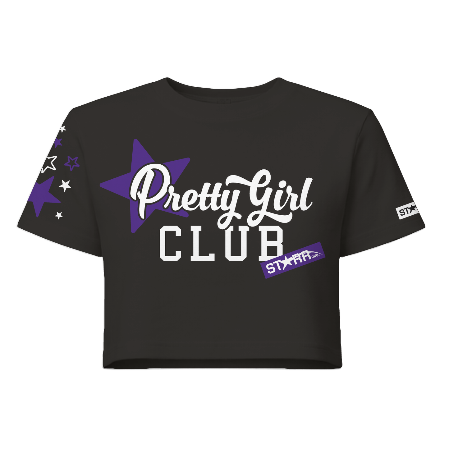 Starr Girls Pretty Girl Club crop top, short sleeve T-shirt in black and purple, shown from the front.
