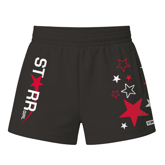 Starr Girls Pretty Girl Club shorts in black and red, front view showing stylish design and comfortable fit.