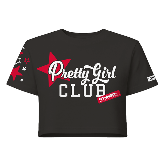 Black and red Starr Girls Pretty Girl Club crop top with short sleeves, featuring a stylish and casual design.