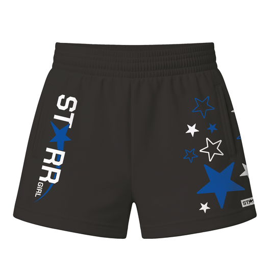 Starr Girls Pretty Girl Club shorts in black and blue, front view showing stylish casual fit and vibrant color contrast.