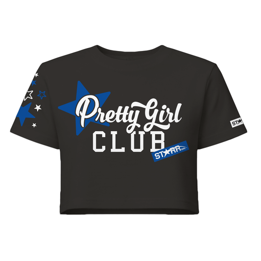 Starr Girls Pretty Girl Club short sleeve crop top in black and royal blue, shown from the front.
