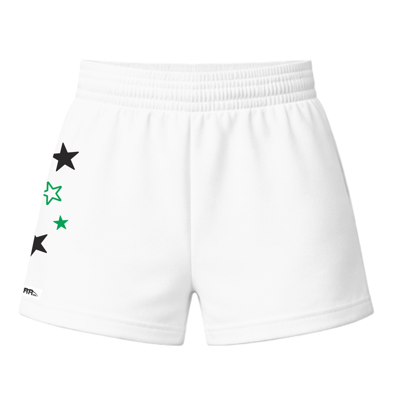 Starr Girls Pretty Girl Club shorts in white and green, back view showing stylish casual summer shorts for girls.