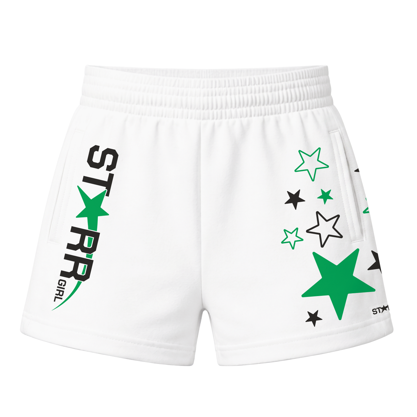 Starr Girls Pretty Girl Club Shorts in white and green, front view showing stylish casual shorts for girls.
