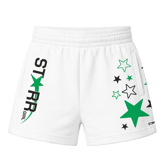 Starr Girls Pretty Girl Club Shorts in white and green, front view showing stylish casual shorts for girls.
