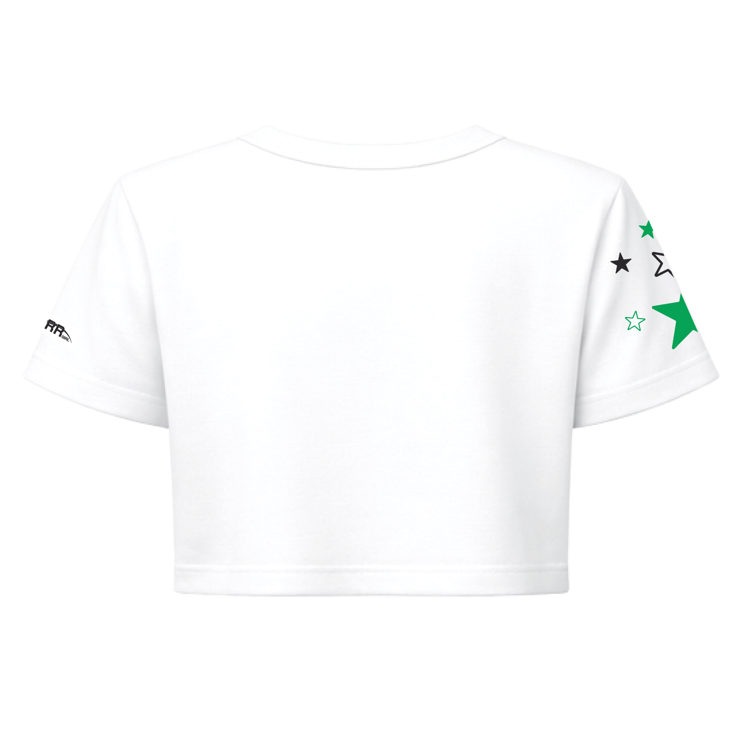 White and green Starr Girls Pretty Girl Club short sleeve crop top shown from the back, casual and stylish for girls.