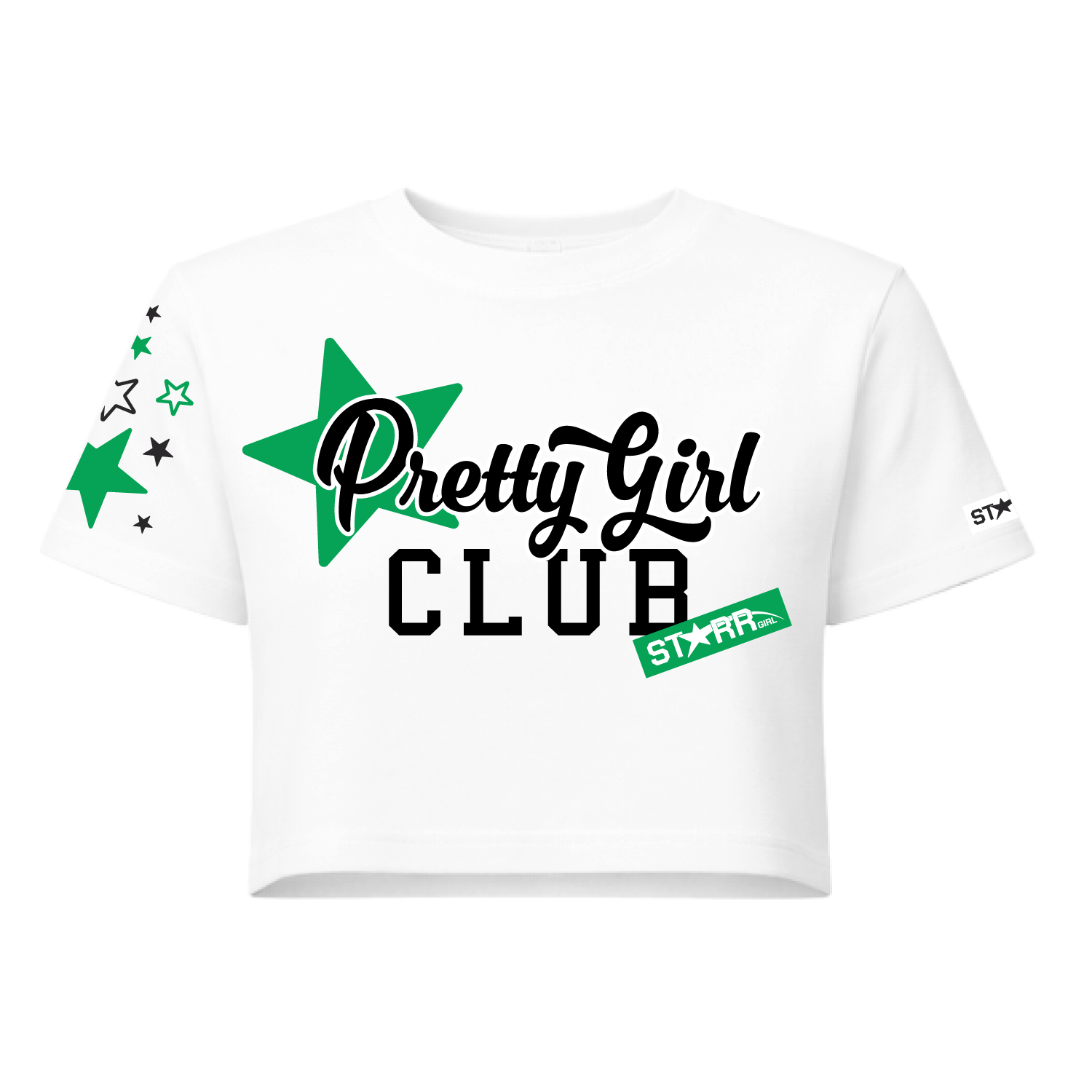 Starr Girls Pretty Girl Club short sleeve crop top in white and green, front view showing casual stylish design.