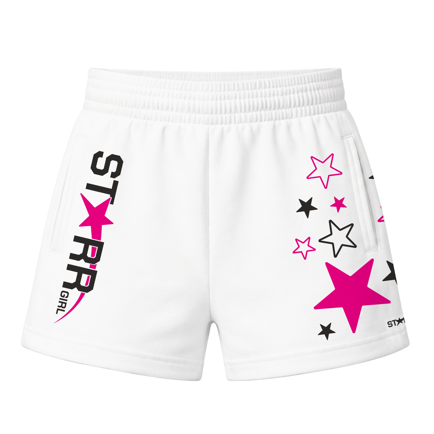 Starr Girls Pretty Girl Club shorts in white and pink, front view showing comfortable fit and stylish design for girls.