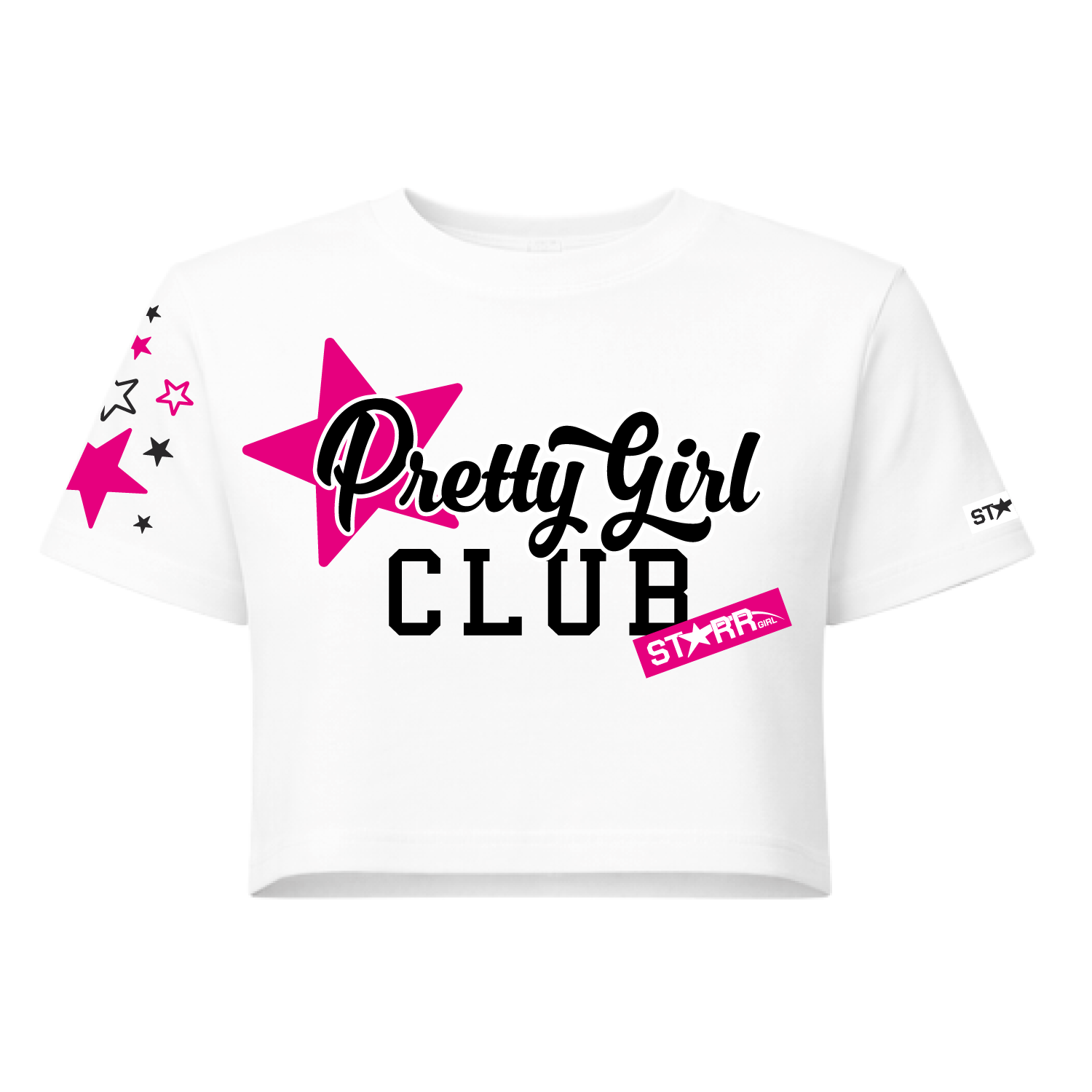 Starr Girls Pretty Girl Club short sleeve crop top in white and pink, casual girls' T-shirt with graphic design on the front.