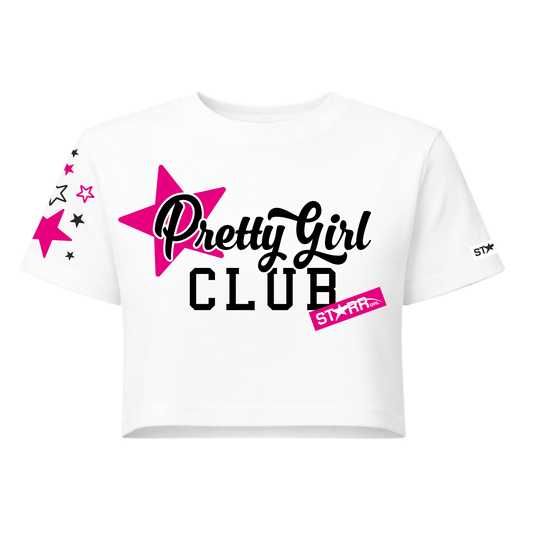 Starr Girls Pretty Girl Club short sleeve crop top in white and pink, casual girls' T-shirt with graphic design on the front.