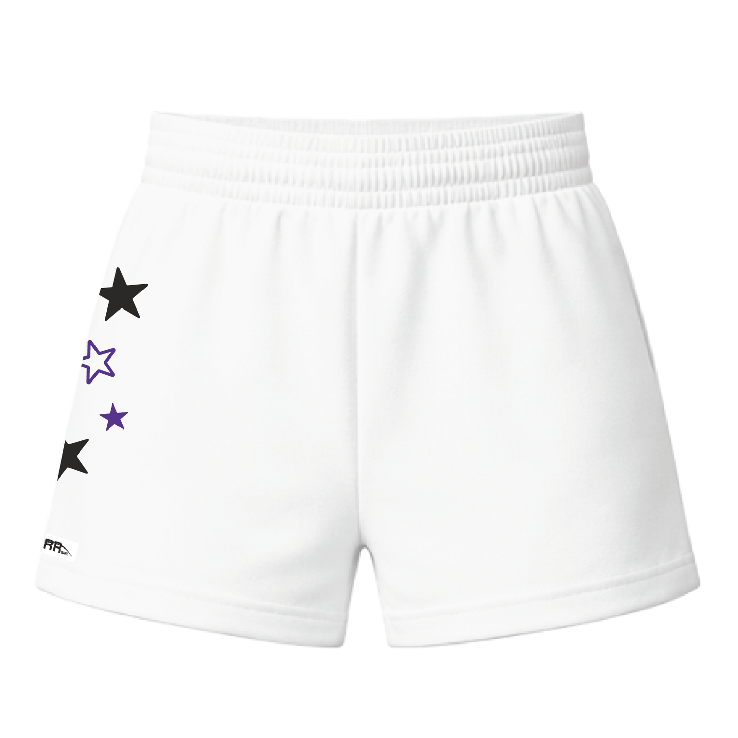 Starr Girls Pretty Girl Club shorts in white and purple, showing the back view of the stylish, comfortable kids' shorts.