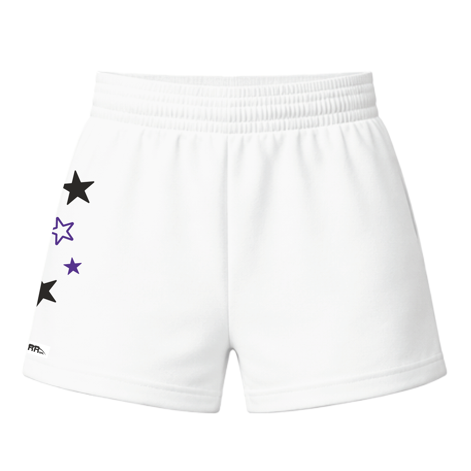 Starr Girls Pretty Girl Club shorts in white and purple, showing the back view of the stylish, comfortable kids' shorts.