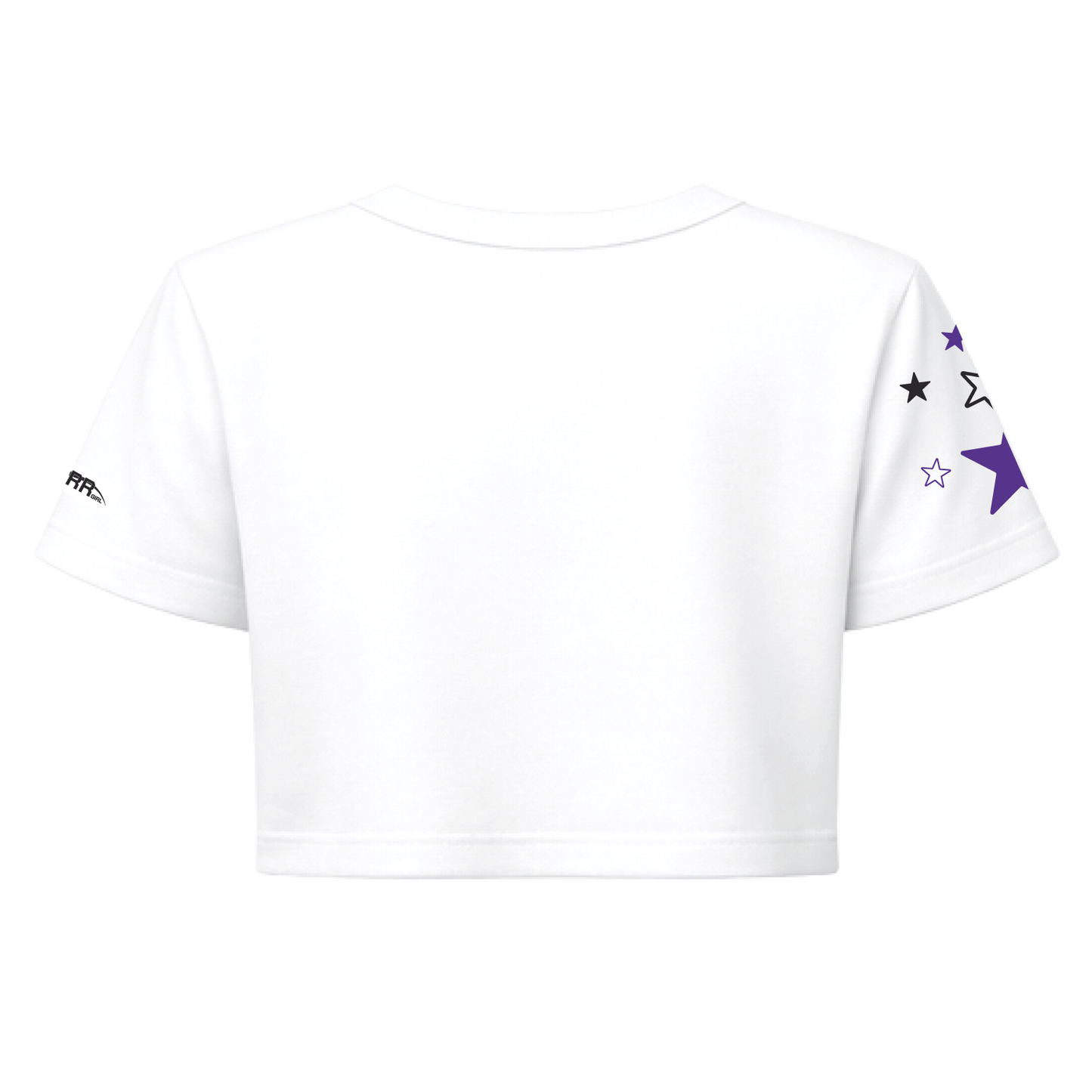 Starr Girls Pretty Girl Club short sleeve crop top in white and purple, with a back view showing its stylish design.