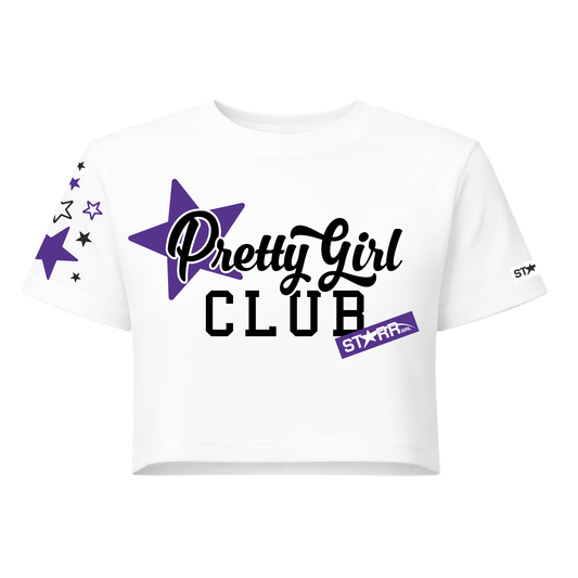 Starr Girls Pretty Girl Club short sleeve crop top in white and purple, front view, casual youth fashion for girls.