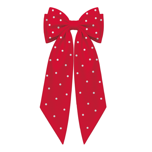 Starr Girls Pretty Girl Club red bow headband worn by a girl, featuring a large red bow on a white hair accessory.