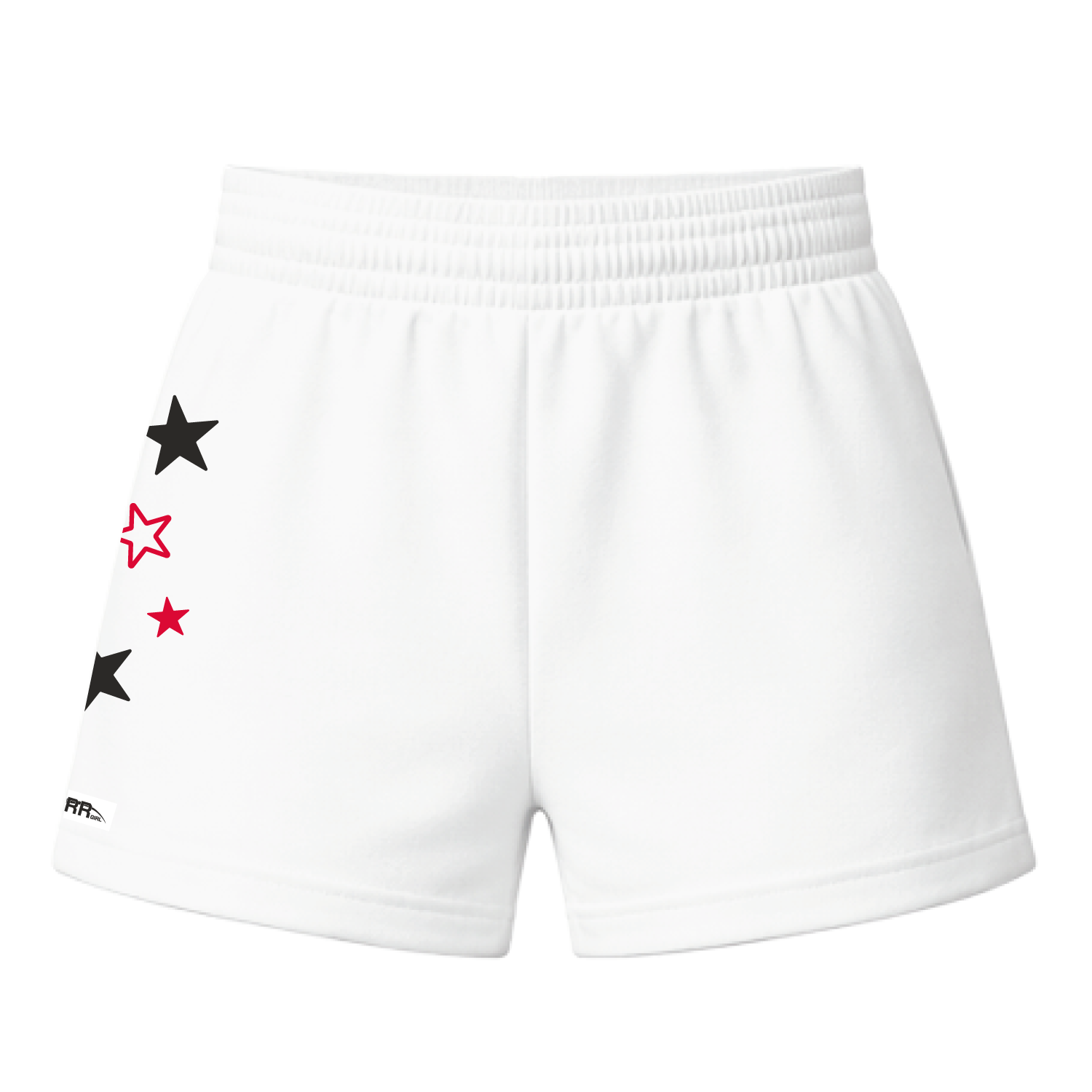 White and red Starr Girls Pretty Girl Club shorts with a back view, featuring a stylish design and comfortable fit.