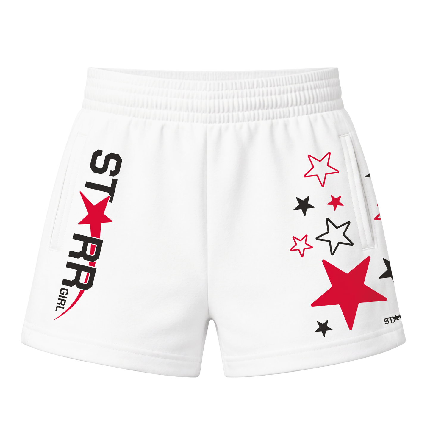 Starr Girls Pretty Girl Club shorts in white and red, front view showing stylish casual design and comfortable fit.