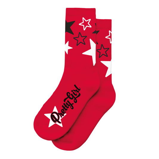 Starr Girls Pretty Girl Club red socks featuring white accents, displayed on a front view, perfect for young girls' casual wear.