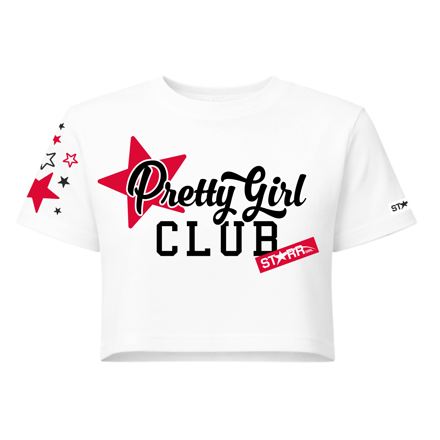 White and red Starr Girls Pretty Girl Club short sleeve crop top, front view, casual youth fashion shirt for girls.