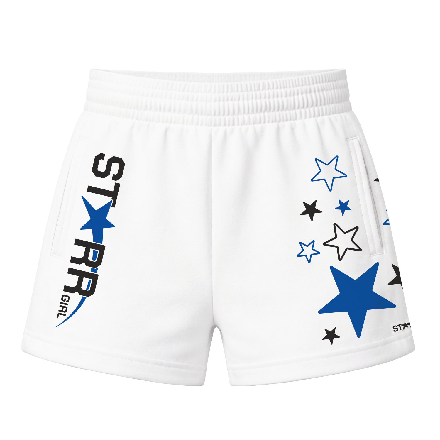 Starr Girls Pretty Girl Club shorts in white and blue, front view, featuring a stylish design with a comfortable fit for girls.