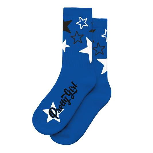 Starr Girls Pretty Girl Club blue socks with white and royal-blue design, shown from the front. Perfect for young girls' casual wear.