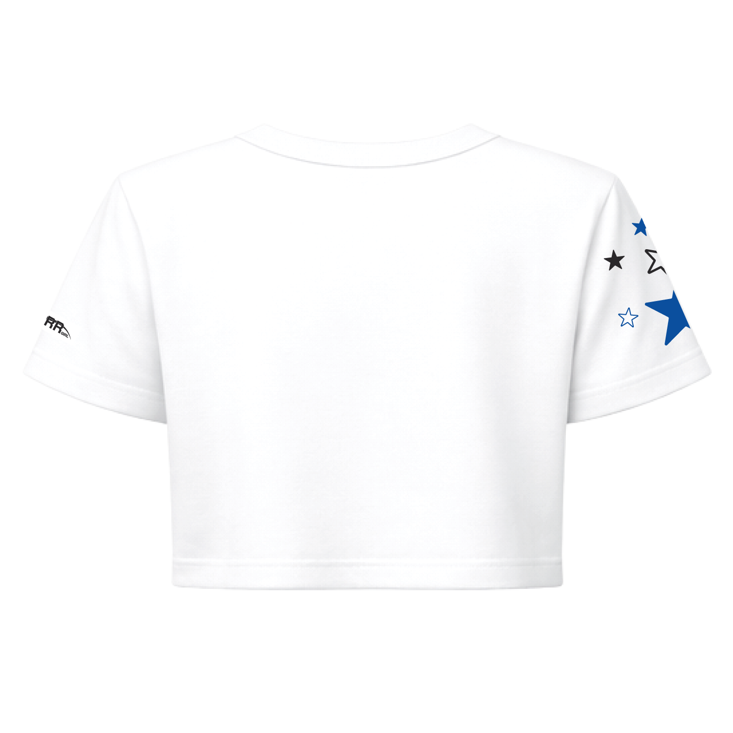 White and royal blue short sleeve crop top for girls from Starr Girls' Pretty Girl Club collection, shown from the back.