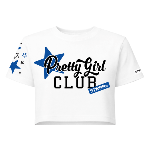 Starr Girls Pretty Girl Club short sleeve crop top in white and royal blue, front view showing casual, stylish design.