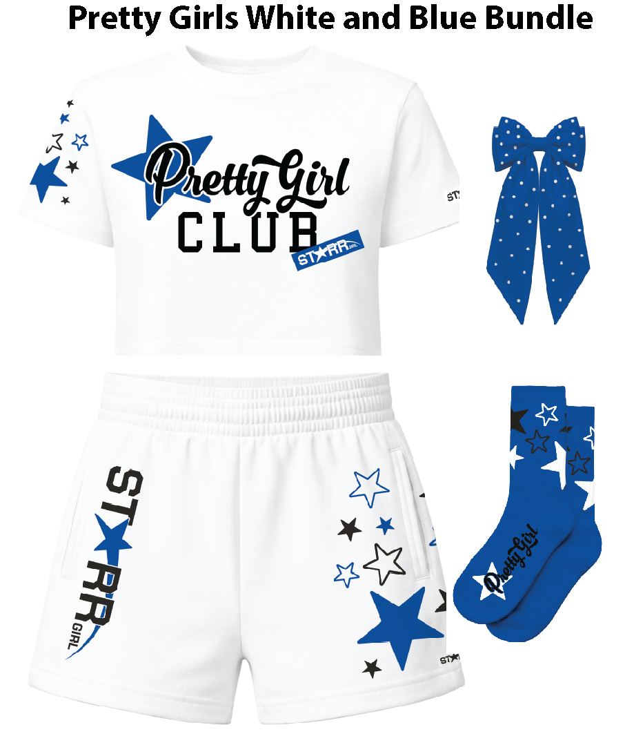 Starr Girls Pretty Girls white and blue bundle featuring coordinated clothing and accessories for young girls.