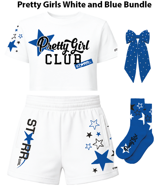 Starr Girls Pretty Girls white and blue bundle featuring coordinated clothing and accessories for young girls.