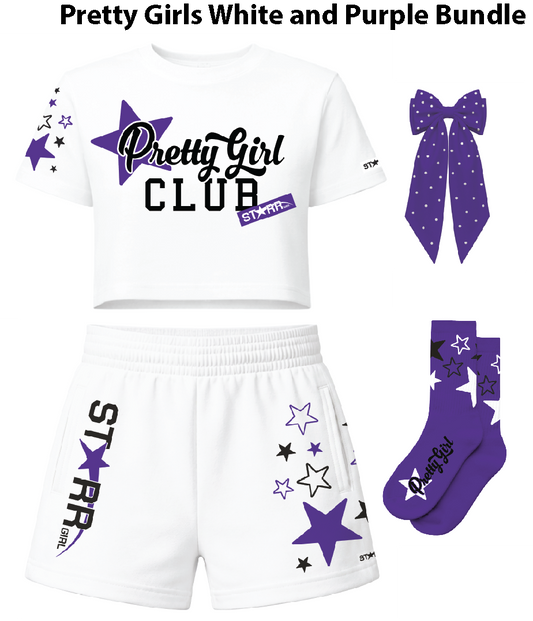Starr Girls Pretty Girls white and purple bundle featuring coordinated clothing and accessories for young girls.