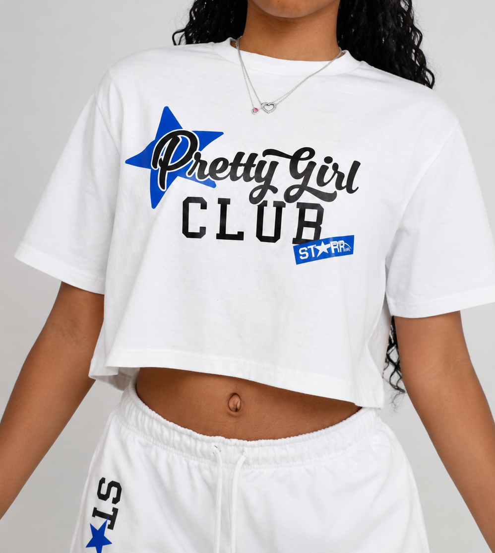 White and blue Starr Girls Pretty Girl Club crop top with short sleeves, featuring a stylish and casual design for girls.
