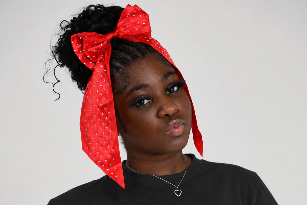 Starr Girls Pretty Girl Club red bow hair accessory with large bow and floral details for young girls.